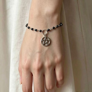 Black Crystal Pentagram Bracelet, Pentacle Bracelet, Silver Plate Crystal Bracelet, Simple Gothic Bracelet, Handmade