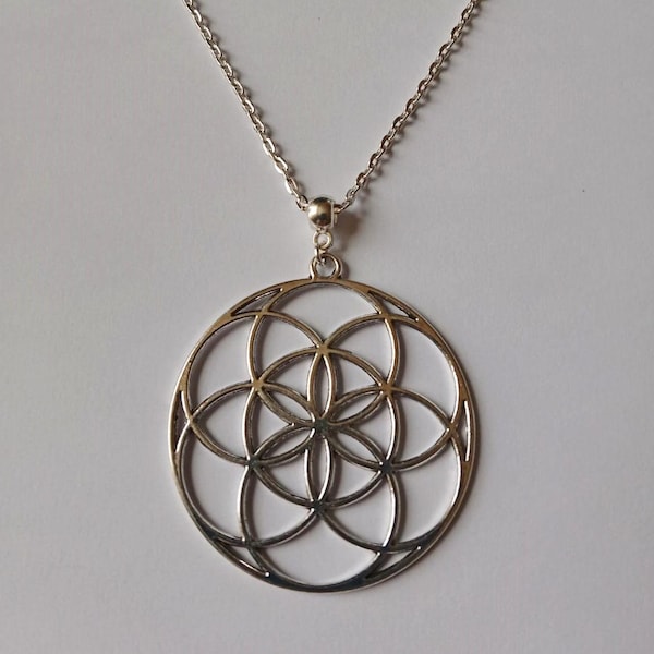 Silver Mandala Necklace, Flower of Life Necklace, Sacred Geometry, Large Pendant Necklace, Pagan Jewellery, Handmade