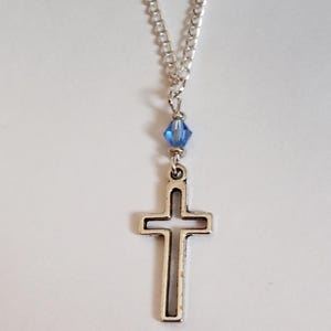 Crystal Cross Necklace, Baby Blue Cross Chain Necklace, Christian, New Age, Handmade