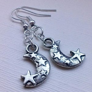 Starry Moon Earrings, Silver Plate Star Moon Drop Dangle Earrings, New Age, Handmade
