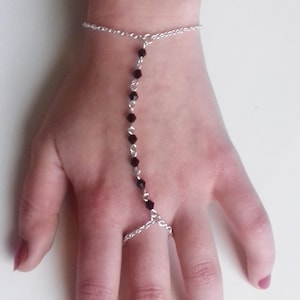 Black Crystal Hand Chain, Silver Plate Chain Slave Bracelet, Gothic Bracelet, Handmade
