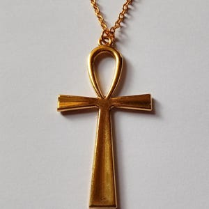Gold Plate Ankh Cross Necklace, Egyptian Key of Life, Egypt Crux Ansata, Large Pendant Necklace, Pagan, New Age