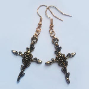 Cross Earrings, Gothic Rose Cross Gold Plate Drop Dangle Earrings, Christian, New Age, Handmade