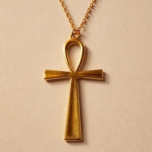 Large Ankh Cross Necklace, Gold Plate Long Necklace, Egyptian Crux Ansata Necklace, Egypt Key of Life Necklace, Handmade