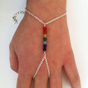 Chakra Gemstone Hand Chain, Silver Plate Harness Slave Bracelet, Handmade