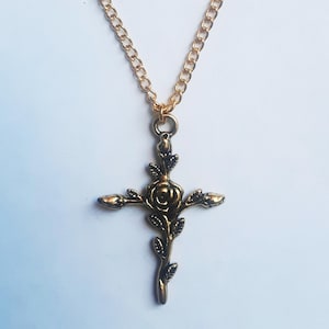 Rose Cross Gold Plate Necklace, Flower Cross Necklace, Flowers Crosses, Chain Necklace, Cross Pendant Necklace, Handmade