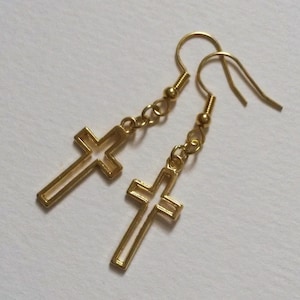 Gold Plate Frame Cross Earrings, Drop Dangle Earrings, Simple Cross Earrings, Handmade