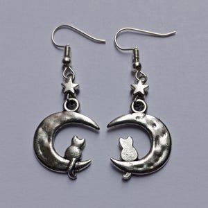 Moon Earrings, Cat Earrings, Silver Plate Drop Dangle Earrings, Handmade