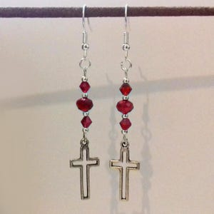 Cross Earrings, Red Crystal Cross Silver Plate Gothic Earrings, Dangling Earrings, Long Earrings, Handmade