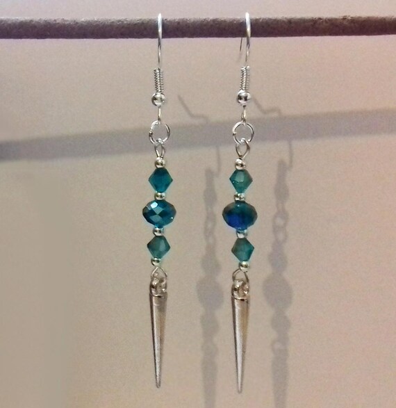 Long Teal Green Crystal Spike Earrings, Silver Plate Spikes