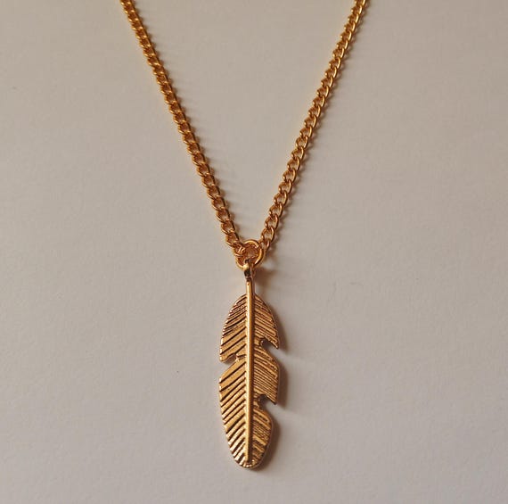 Simple Feather Necklace, Tribal Chain Gold Plate Necklace, Simple