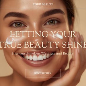 May include: A woman with a radiant smile applies a white cream to her face. The text "Letting your true beauty shine" is displayed above her, with the tagline "Here wellness and beauty melt together". A button labeled "Book Now" is at the bottom of the image.
