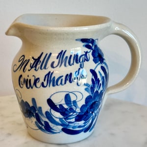 Vintage Yesteryears Pottery Cobalt Blue Pitcher In All Things Give Thanks