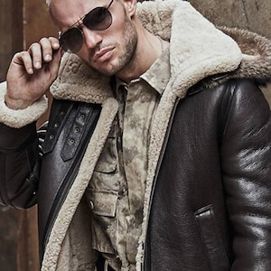 Airforce Bomber Leather shearling Jacket for men, Bomia Sheepskin Flight Coat with Detachable Hood & Shearling Trim