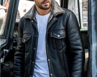 Fårskinnsjacka Midnight Trucker, Herr Svart Shearling Läderjacka