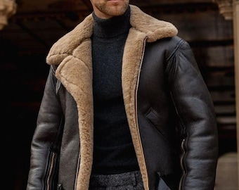 Chaqueta bomber de piel de oveja de la R.A.F., chaqueta de aviador de piel de oveja hecha a mano, abrigo de cuero auténtico para hombre, marrón