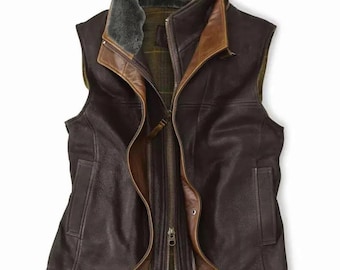 Men’s Dark Brown Shearling Vest, Real Leather Winter Outerwear with Fur Collar, Handmade Vest