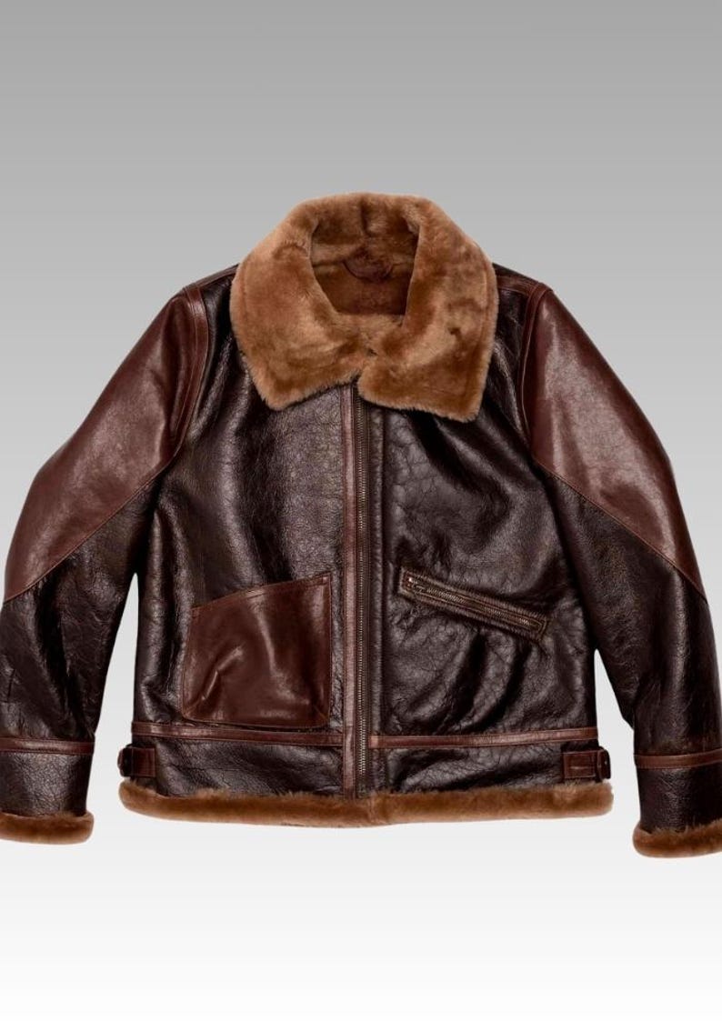 Front view of sheepskin leather jacket with soft faux shearling lining, zip closure, and timeless winter fashion design.