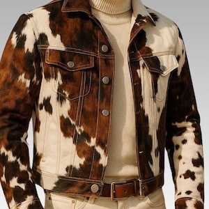 Men’s Western cowhide leather jacket made from hair-on pony hide, featuring a bold black and white cow print and front zipper closure.