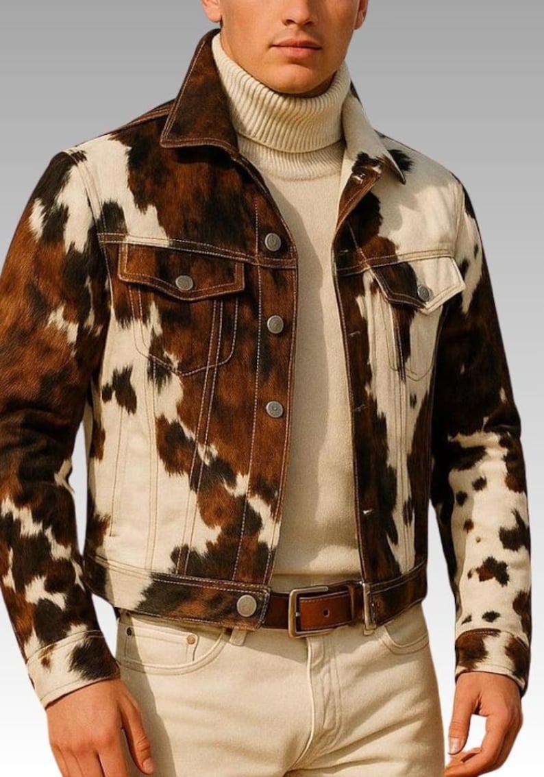 Men’s Western cowhide leather jacket made from hair-on pony hide, featuring a bold black and white cow print and front zipper closure.