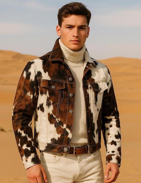 Men’s Western Cowhide Jacket, Hair-On Pony Hide, Real Cow Print Leather Coat