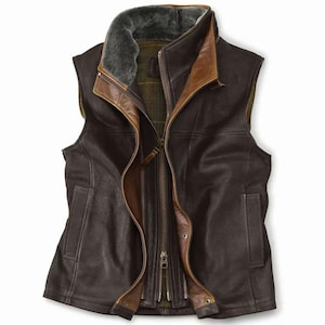 Dark Brown Shearling Leather Vest for Men ,Real Leather Winter Vest with Fur Collar, Dual Zipper Outdoor Vest ,Handmade Warm Vest