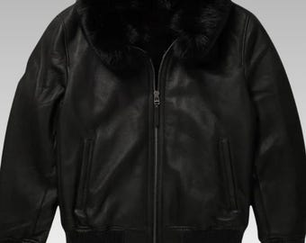 Men’s Black Shearling Bomber Jacket, Real Leather Pilot Coat with Fur Collar, Handmade Winter Outerwear