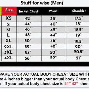 May include: A size chart for jackets, with measurements in inches. The chart includes sizes from XS to 4XL, detailing chest, waist, shoulder, sleeve, and length measurements. Text at the bottom explains how to use the chart.