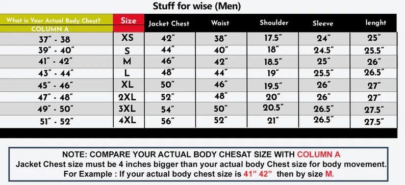 May include: A size chart for jackets, with measurements in inches. The chart includes sizes from XS to 4XL, detailing chest, waist, shoulder, sleeve, and length measurements. Text at the bottom explains how to use the chart.