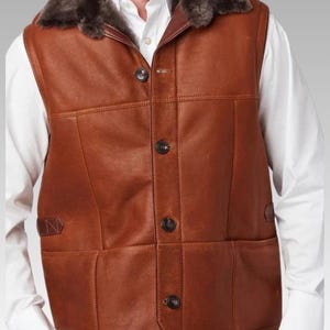 Men’s Shearling Leather Vest with Fur Collar, Brown Winter Buttoned Leather Vest, Handmade Real Sheepskin Western Vest