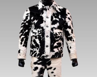 Men’s Black & White Cowhide Jacket, Western Real Hair Jacket, Handmade Winter Outerwear