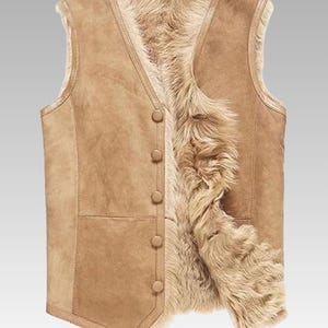 Men’s Beige Shearling Suede Vest, Vintage Style Fur Lined Leather Vest, Real Sheepskin Winter Outerwear, Handmade Button Vest