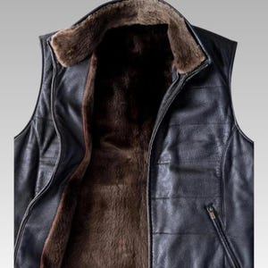 Black Shearling Leather Vest for Men ,Winter Zip-Up Real Leather Vest, Warm Handmade Sheepskin Fur Vest, Outdoor Casual Vest