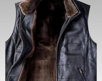 Men’s Black Shearling Vest, Real Leather Zip-Up Sheepskin Fur Vest, Handmade Winter Outerwear