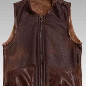 Men’s Brown Shearling Leather Vest, Winter Warm Sheepskin Vest, Real Leather Outerwear for Men, Vintage Style Outdoor Vest