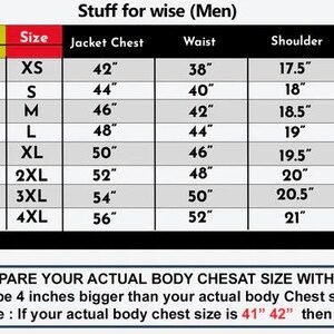 May include: A size chart for jackets, with measurements in inches for chest, waist, shoulder, sleeve, and length. The chart includes sizes from XS to 4XL, with corresponding body chest measurements ranging from 37" to 52".