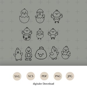 以下が含まれることがあります： ひよこと卵の白黒線画9点セット。ひよこは立っている、座っている、卵から孵化しているなど、さまざまなポーズで描かれています。シンプルで風変わりなデザインなので、さまざまなプロジェクトに最適です。