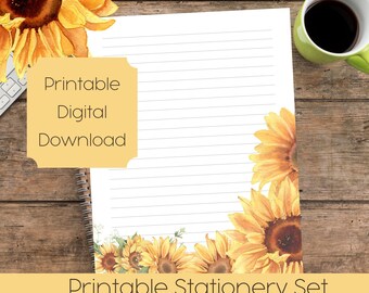 Watercolor Sunflower Printable Stationery Set 4 Styles, 2 Sizes A4 & US Letter - Lined, Unlined, Dotted, Blank Note and Journal - PDF