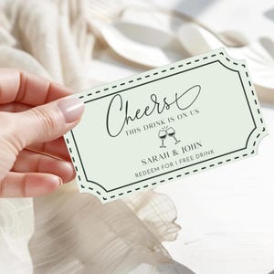 Plantilla de boletos para bebidas / Idea para recuerdo de boda / Vale para bebida gratis / Boda minimalista con temática verde / Temática elegante / Ligero / 5 x 8,9 cm / SBW21