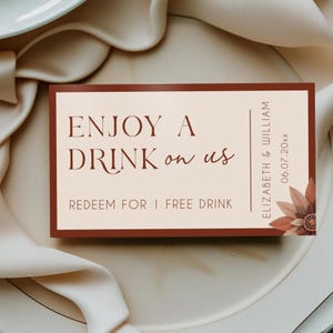 Plantilla para boletos de bebida / Idea para recuerdo de boda / Vale para bebida gratis / Diseño bohemio / Temática de boda bohemia / Boda de otoño / Ligero / 5 x 8,9 cm / SBW04
