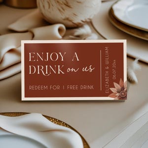 Plantilla de boletos para bebidas / Idea para recuerdo de boda / Vale para bebida gratis / Diseño bohemio / Temática de boda bohemia / Boda de otoño / Oscuro / 5 x 8,9 cm / SBW04