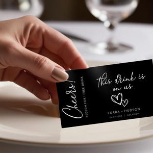 Plantilla de boletos para bebidas / Idea para recuerdo de boda / Vale para bebida gratis / Boda minimalista / Tema de boda elegante y sencillo / Negro / 5 x 8,9 cm / SBW08