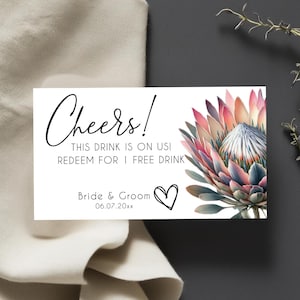 Plantilla de boletos para bebidas / Idea para recuerdo de boda / Vale para bebida gratis / Diseño de flores tropicales / Boda en la playa / Blanco / 5 x 8,9 cm / SBW01