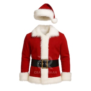 May include: A Santa Claus costume set, featuring a red jacket with white faux fur trim, a black belt with a gold buckle, and a matching Santa hat with a white pom-pom. The costume is designed for festive occasions.