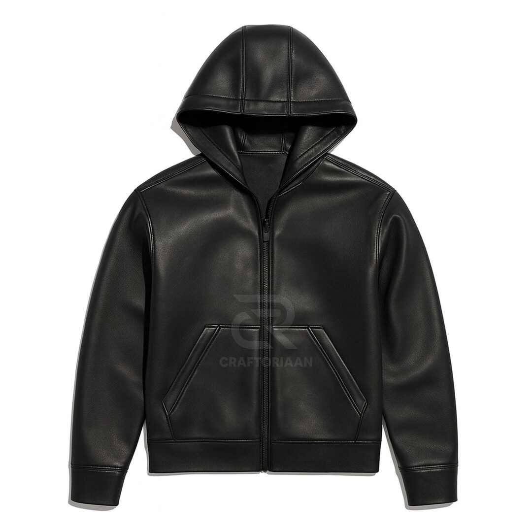 メンズ ブラック 本革 フード付きジャケット - ジップアップ
