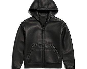 Men's Black Genuine Sheepskin Leather Hooded Jacket – Zip-Up Streetwear