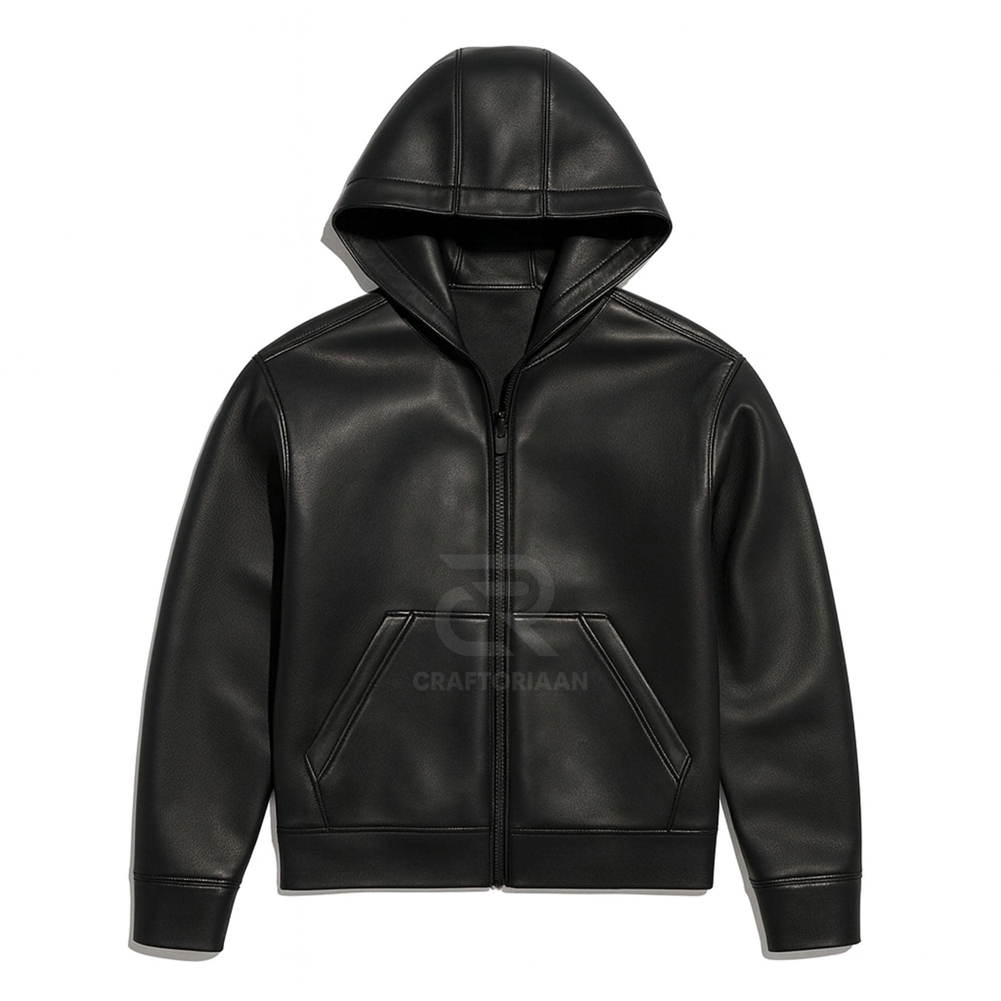 メンズ ブラック 本革 フード付きジャケット - ジップアップ