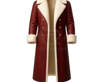 Rode leren kerstmanjas - met bont gevoerde kerstcosplay-trench