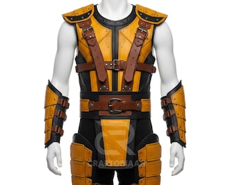 Scorpion Cosplay Costume Mortal Kombat Yellow Ninja Armor Vest Bracers, Men’s Halloween LARP Outfit, Comic‑Con Ready