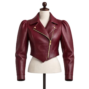 Women Cropped Leather Jacket Motorcycle Jacket with Puff Sleeves